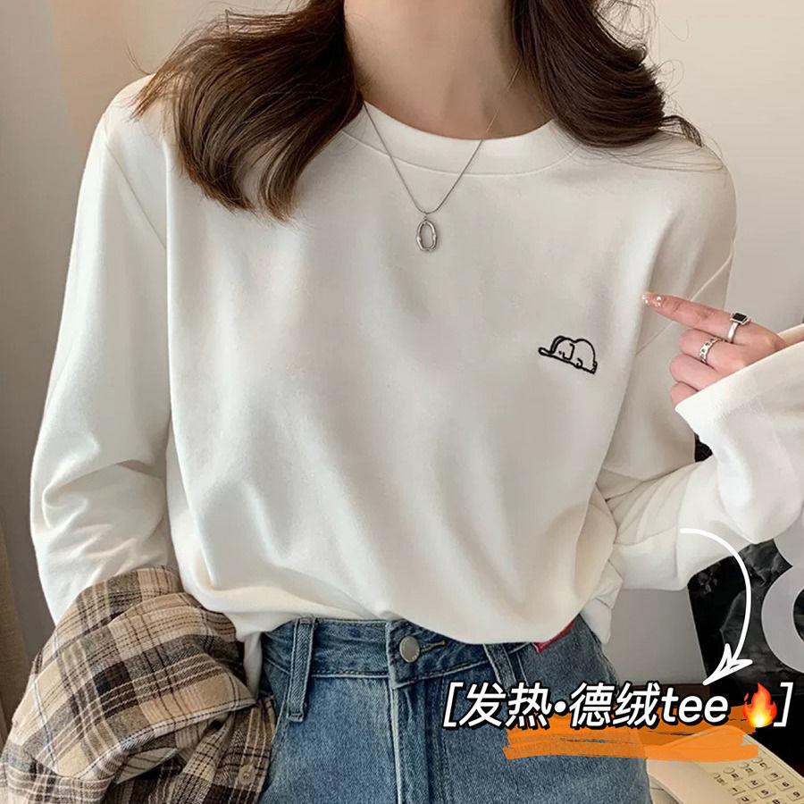 白色小象刺繡打底衫女秋冬新款長袖t恤內搭寬鬆圓領雙面德絨上衣