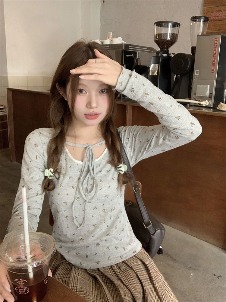 設計感系帶灰色碎花長袖t恤女秋冬小個子修身打底衫上衣
