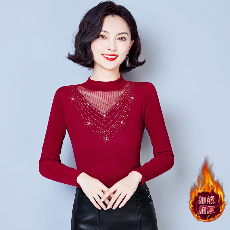 半高領加絨加厚秋冬季長袖打底衫女T恤洋氣百搭女蕾絲保暖上衣女