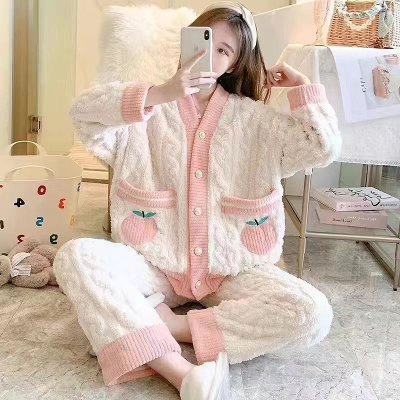 睡衣冬季女款珊瑚絨加厚加絨長袖可愛寬鬆法蘭絨家居服套裝可外穿