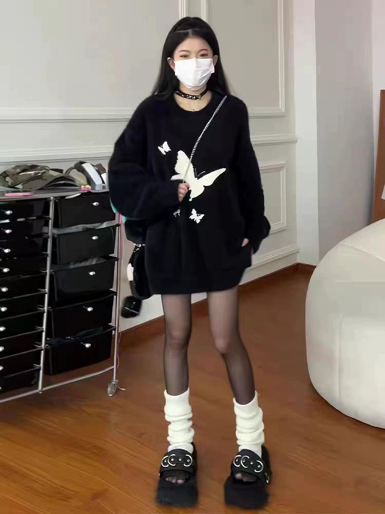 2023秋冬新款仿貂毛中長款寬鬆慵懶風外穿蝴蝶圖案毛衣女針織打底