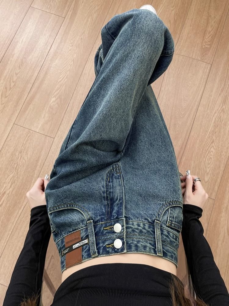 闊腿牛仔褲女秋2023新款ins風高腰寬鬆顯瘦遮肉梨形身材拖地長褲