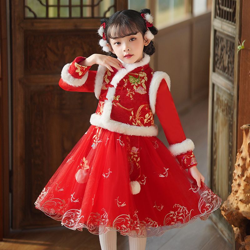 女童連衣裙秋冬拜年服2023新款漢服冬季兒童裙子小女孩洋氣公主裙