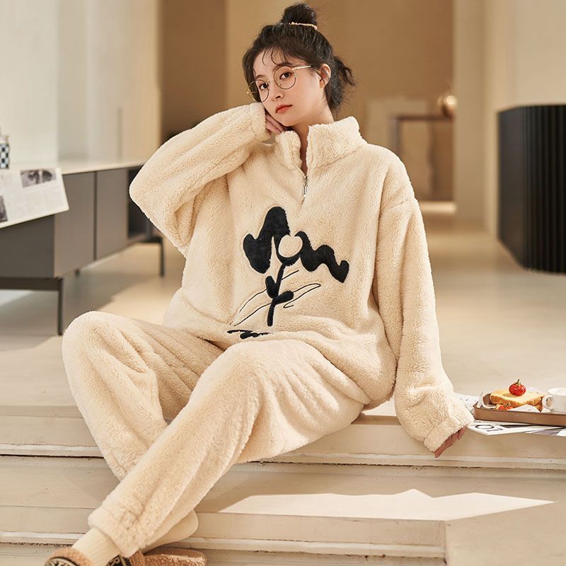 歌倩雅睡衣女秋冬款珊瑚絨加厚加絨休閒拉鏈家居服法蘭絨冬季套裝