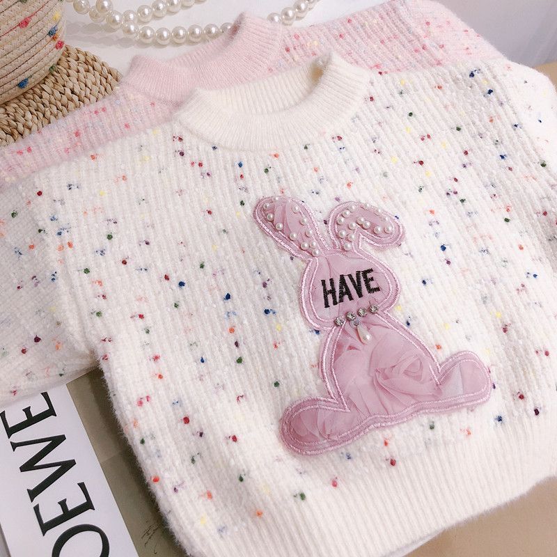 2023年最新款粉红兔子儿童洋气可爱女童毛衣卡通珠珠兔女宝童趣