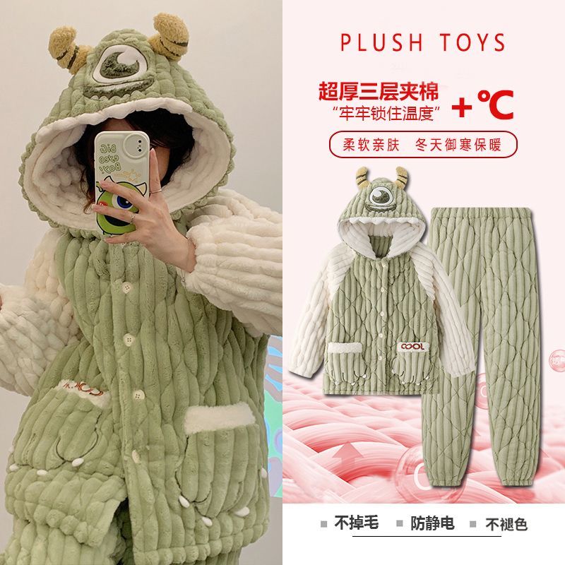 連帽睡衣女冬季三層加厚夾棉家居服保暖珊瑚絨棉襖卡通ins風學生