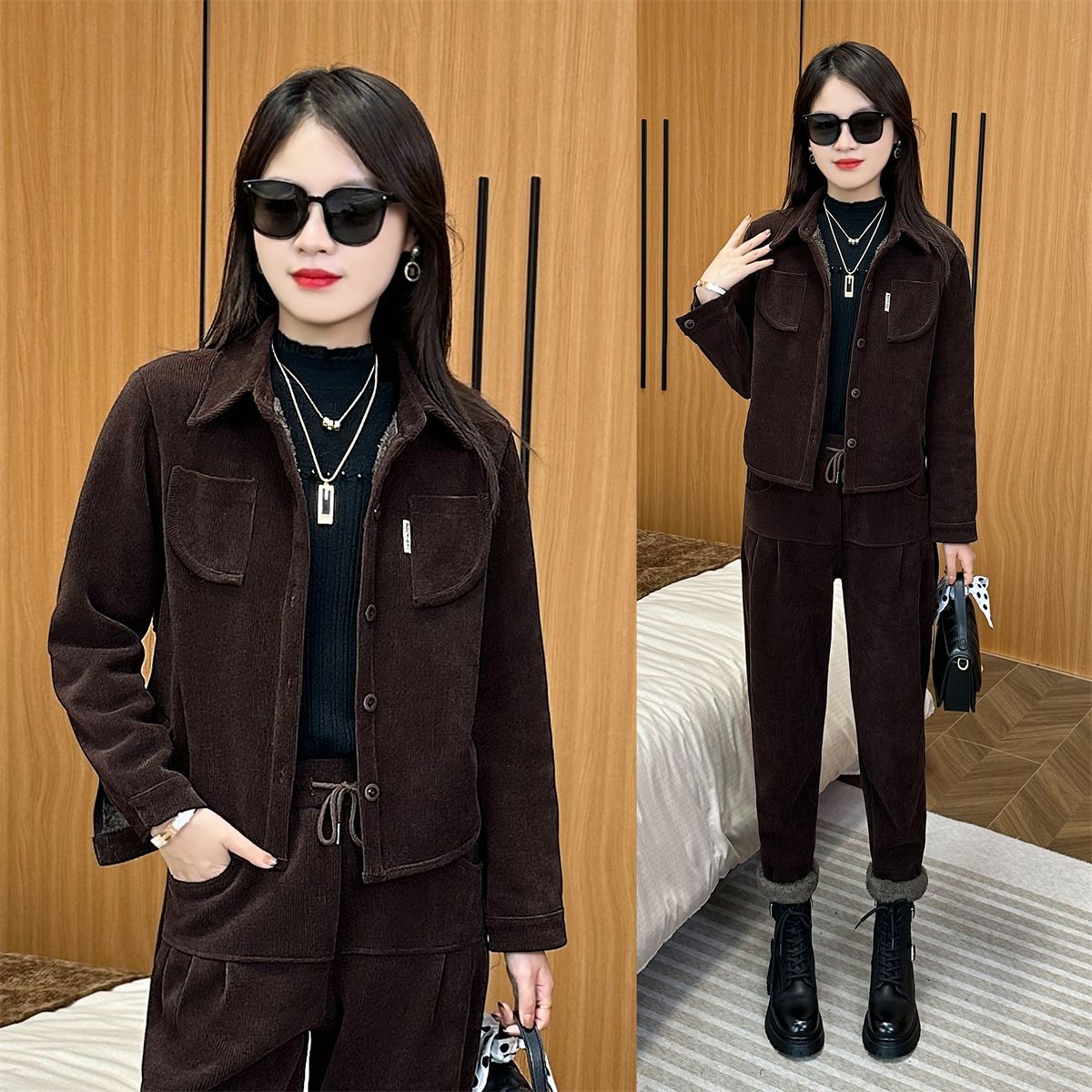 加絨加厚休閒套裝女2023秋冬新款洋氣顯瘦時尚翻領御姐風兩件套潮