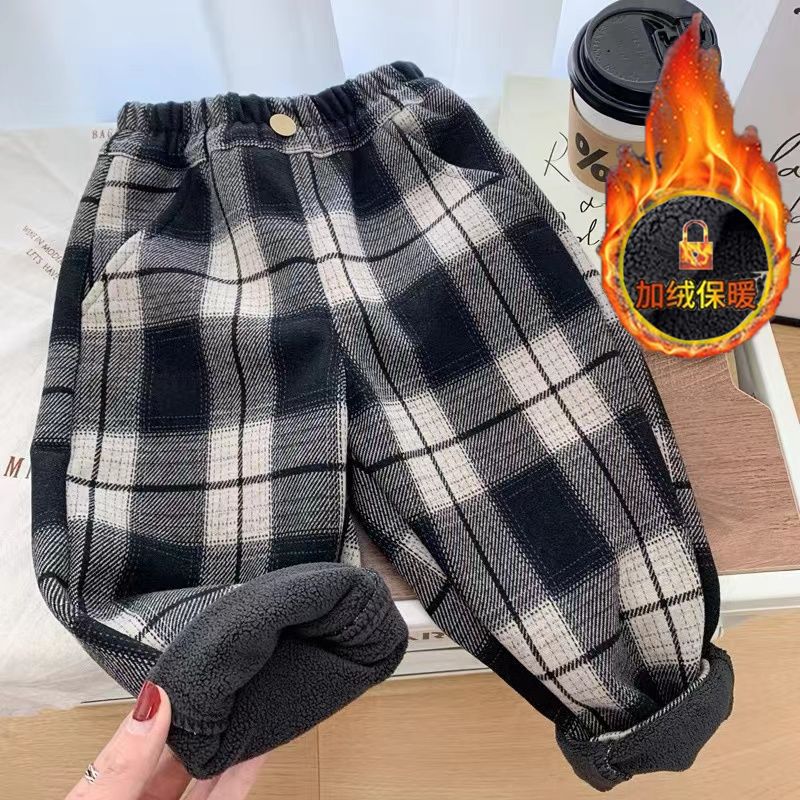 Boys' one-piece velvet trousers, new winter style Korean style plaid trousers, children's casual trousers, children's velvet trousers