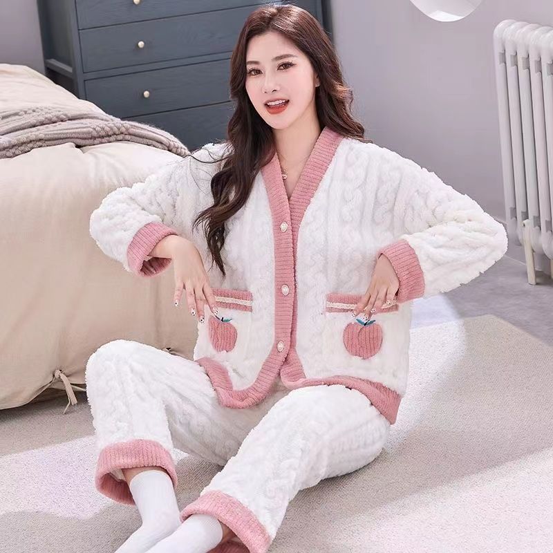2023年法蘭絨甜美少女風家居服套裝秋冬季高級感簡約珊瑚絨睡衣女