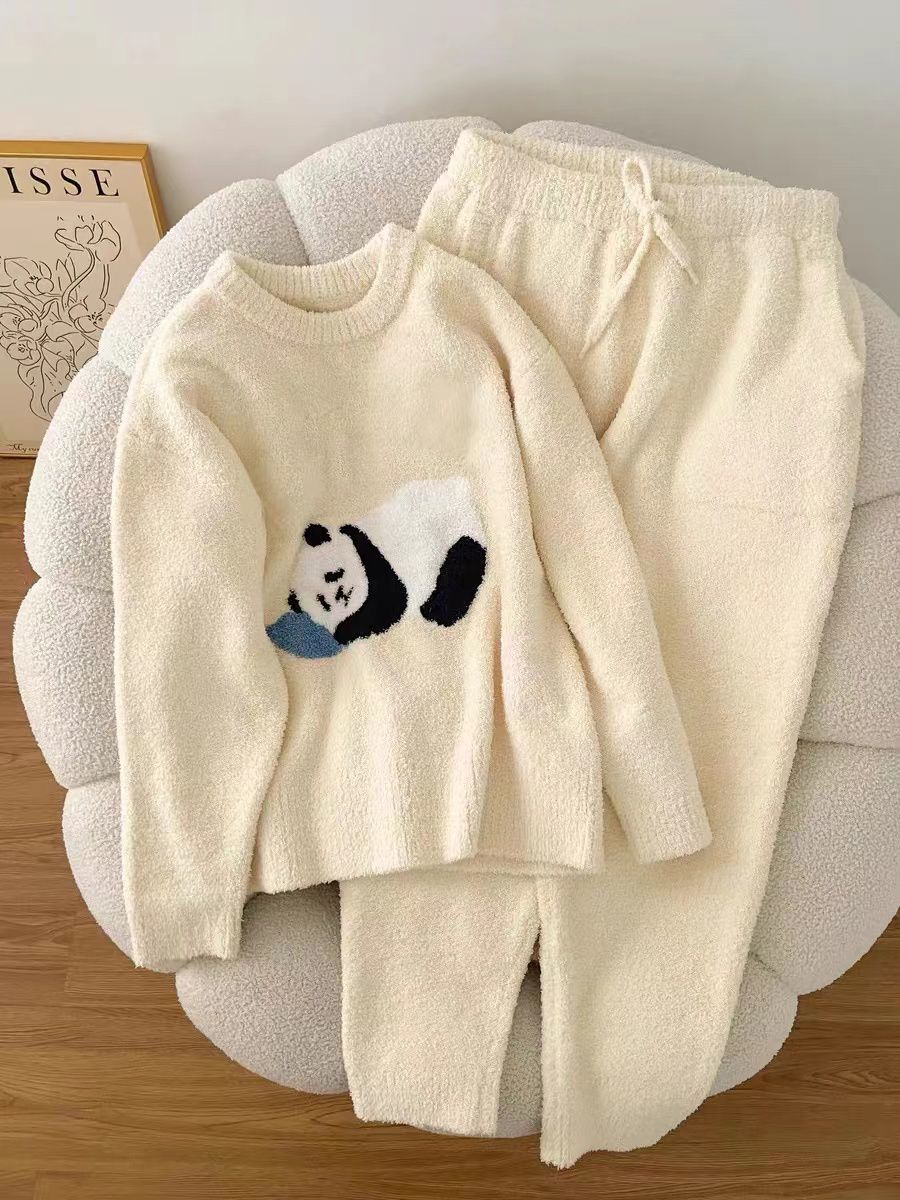 可愛熊貓半邊絨睡衣女秋冬季2023年新款加厚保暖珊瑚絨家居服套裝