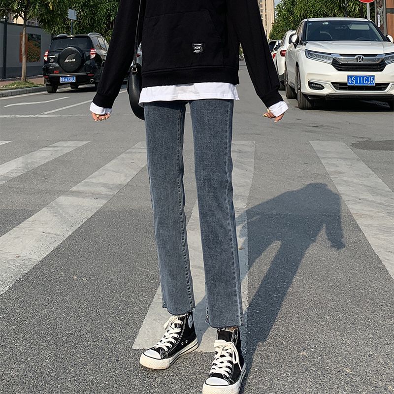 藍灰色高腰牛仔褲女秋直筒寬鬆2023新款顯瘦彈力小個子九分煙管褲