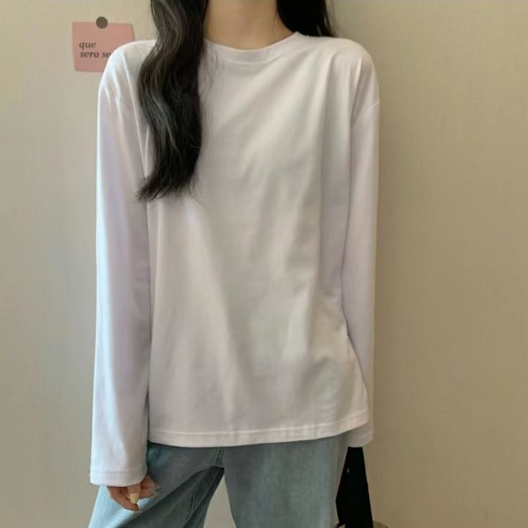 100%純棉t恤長袖女圓領寬鬆新款打底衫上衣女百搭大碼ins超火