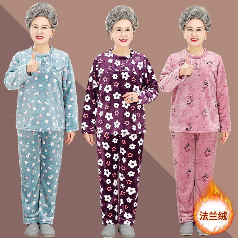 中老年睡衣女冬加厚法蘭絨秋冬季媽媽衣服奶奶大碼老人家居服套裝