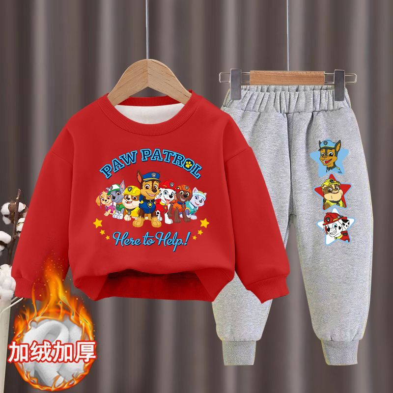 Children's winter velvet thickened round-neck sweatshirt suit Paw Patrol Western Style Winter Children's Clothes Warm Two-piece Set