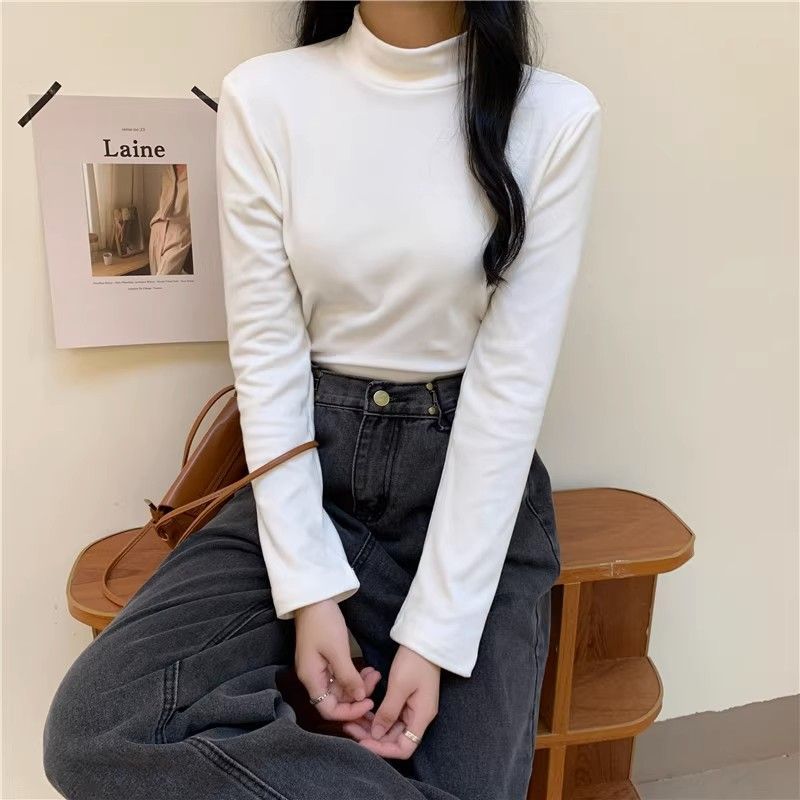 白色半高領雙面德絨內搭打底衫女秋冬季加絨洋氣簡約長袖t恤上衣