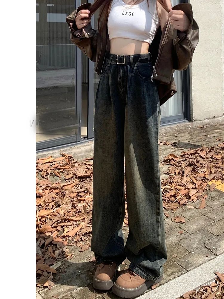 水泥灰闊腿牛仔褲女秋季大碼美式復古寬鬆高腰顯瘦直筒拖地褲子潮