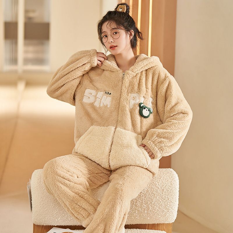 歌倩雅秋冬季珊瑚絨睡衣女加絨加厚2023新款拉鏈法蘭絨家居服套裝