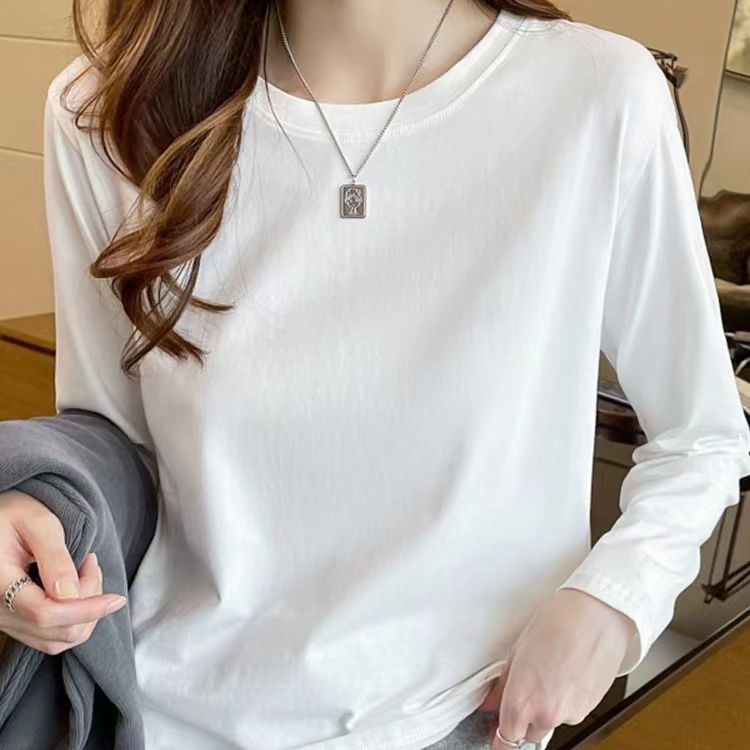 100%純棉長袖T恤女秋季2023新款純色寬鬆顯瘦內搭打底外穿上衣女
