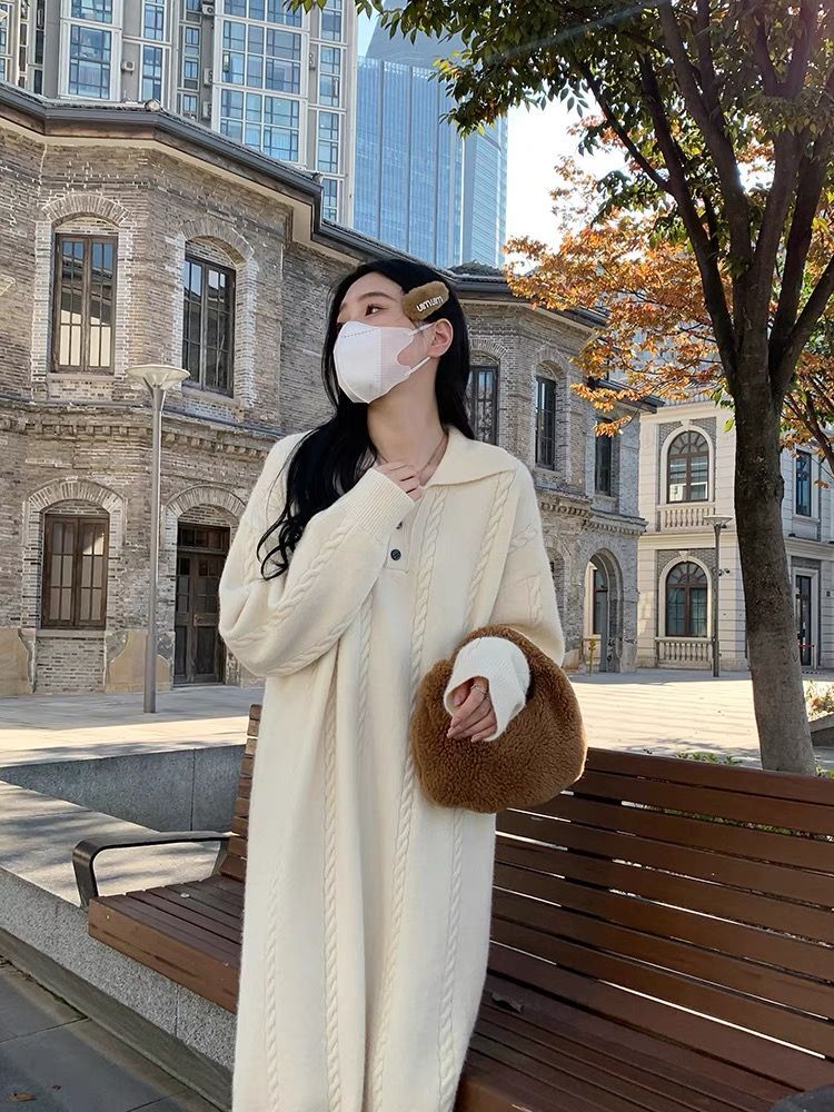 中長款套頭毛衣女秋冬裝新款寬鬆白色長款連衣裙針織衫內搭配大衣