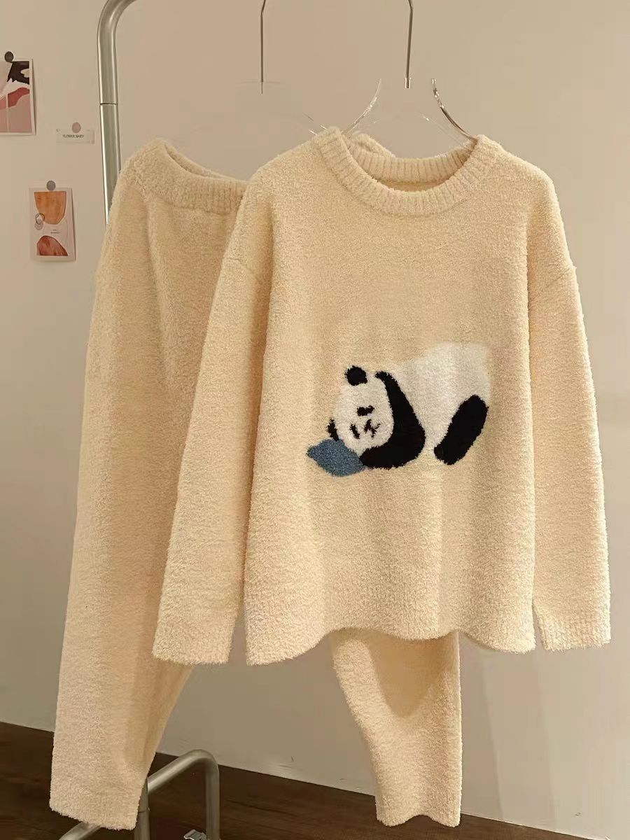 卡通小熊貓珊瑚絨睡衣女冬季2023年新款半邊絨加厚毛絨家居服套裝