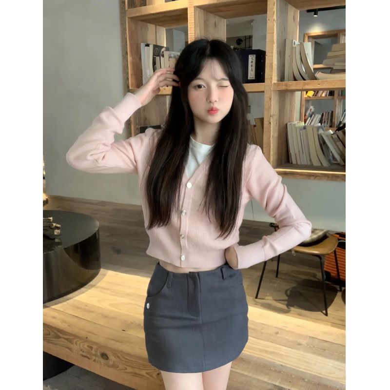 套裝女2023秋冬新款學院風V領修身針織開衫內搭T恤上衣高腰半身裙