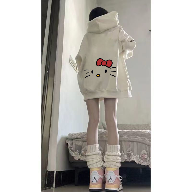 100%紡棉日系學院風可愛凱蒂貓甜妹白色連帽衛衣外套寬鬆小眾上衣