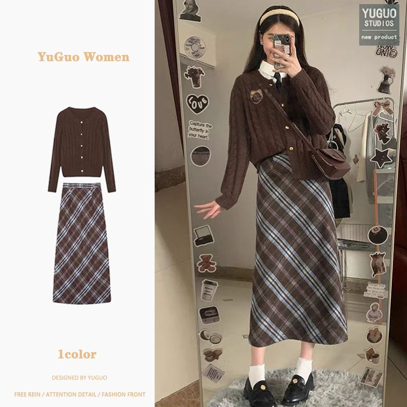 茶系穿搭一整套學院風套裝女秋季毛衣開衫格子裙半身裙韓劇兩件套