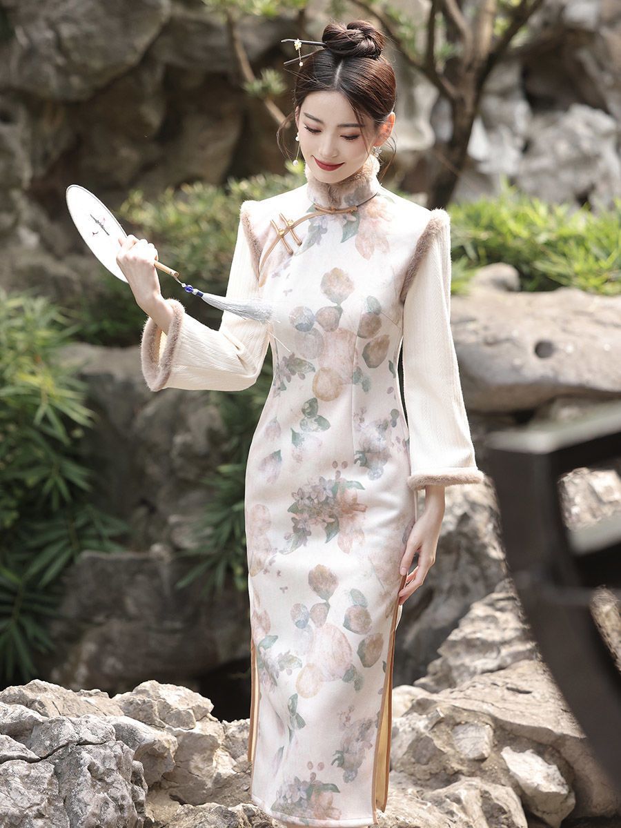 新中式旗袍新款2023冬季加絨加厚長袖國風改良少女年輕款氣質高端