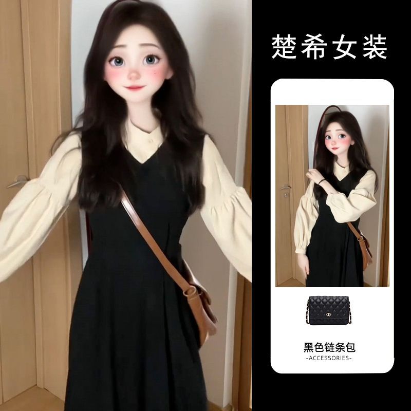 小個子黑色背心連衣裙子秋冬季女裝長袖入秋長裙茶系穿搭兩件套裝