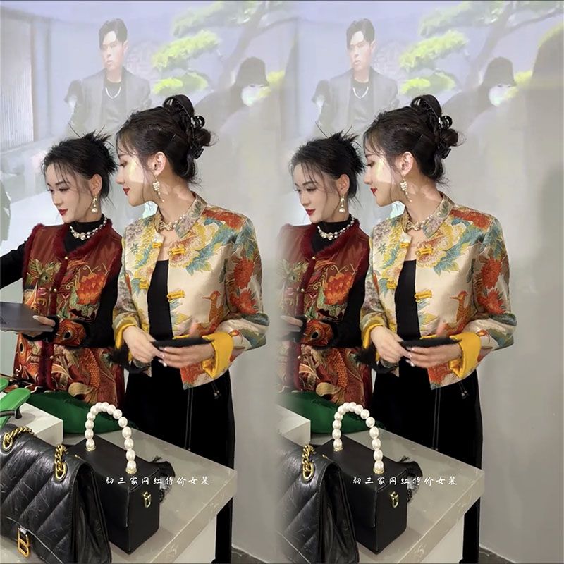 新中式國風鳳凰花五彩斑斕印花品質立領盤扣加棉短外套秋冬新款女