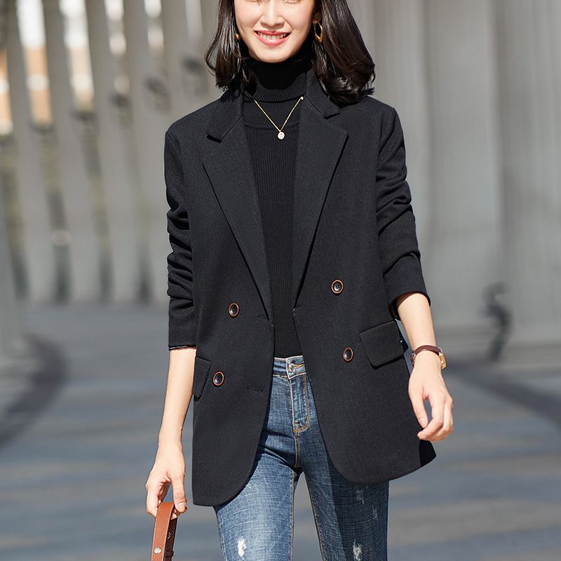 Korean style woolen suit jacket for women small  new spring, autumn and winter thickened quilted black woolen coat