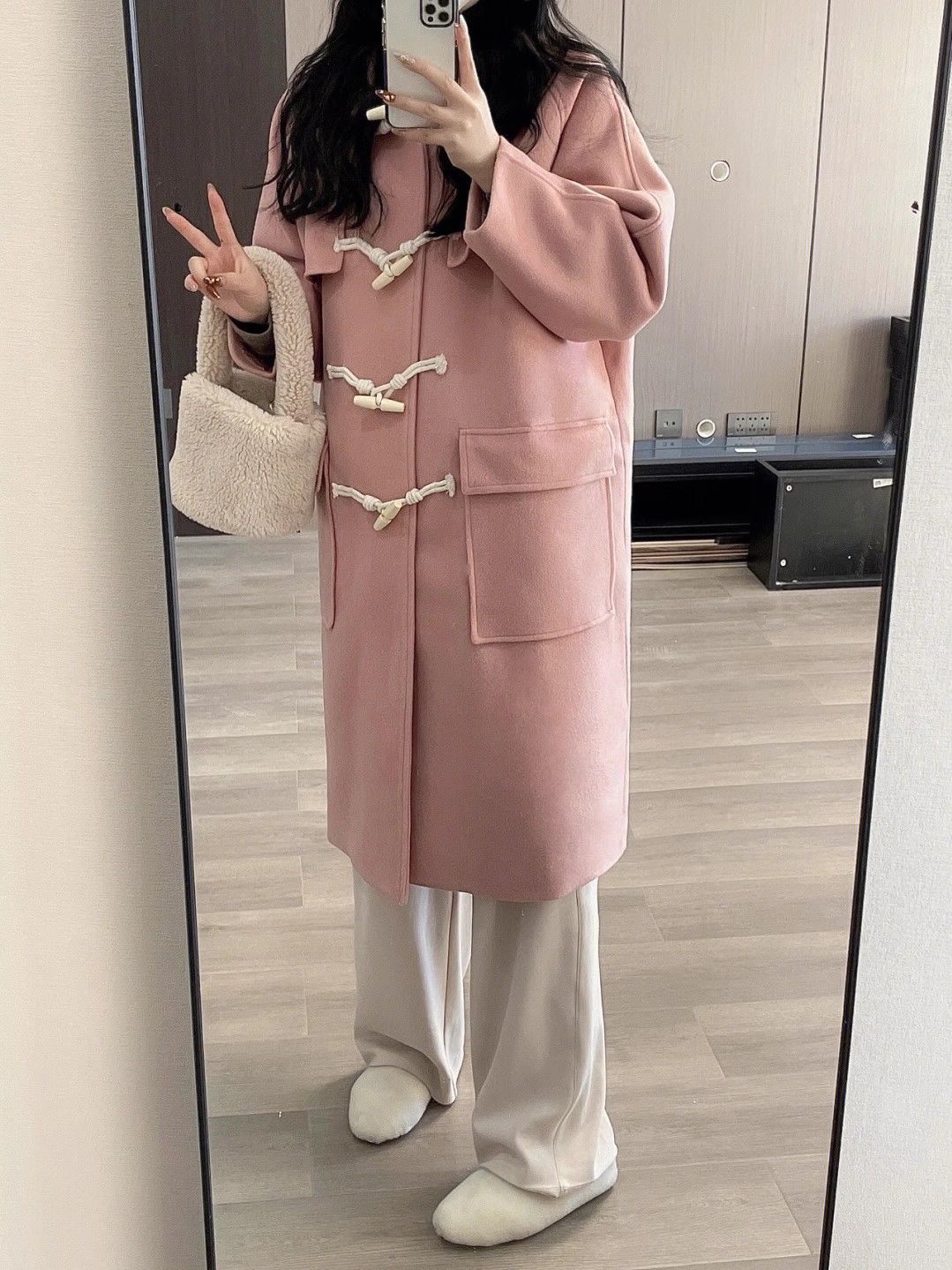 粉色韩版牛角扣大衣女秋冬新款高级感夹棉加厚中长小个子毛呢外套