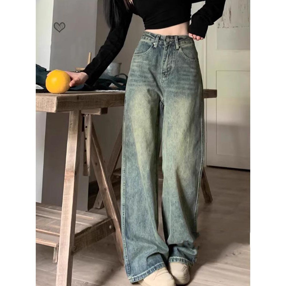 美式復古高街做舊牛仔褲女秋季高腰顯瘦闊腿褲直筒褲拖地長褲子潮
