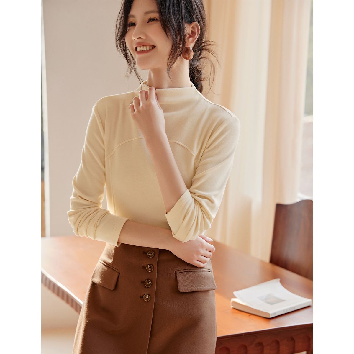 XWI 2023 new winter style versatile fashion dividing line simple light casual half turtleneck German velvet skin-friendly bottoming shirt