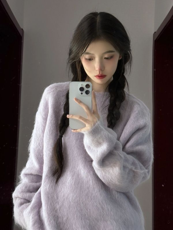 慵懶風軟糯紫色毛衣女秋冬季2023新款高級感小眾設計感小個子秋裝