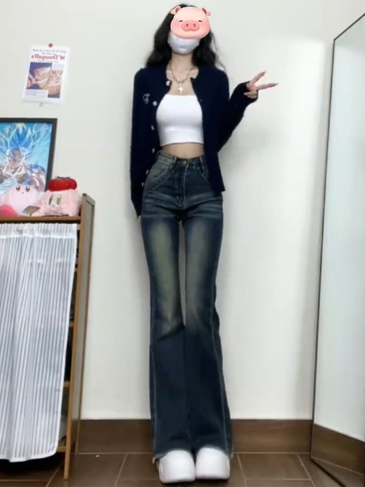 高腰顯瘦水洗微喇叭牛仔褲女秋冬新款美式復古寬鬆百搭拖地褲子