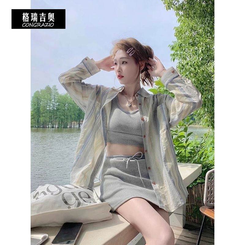 CONGRAZIO/格瑞吉奧撞色條紋襯衫女韓版寬鬆長袖秋季慵懶外套上衣