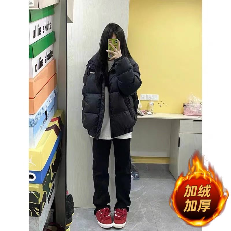 2023秋冬大碼復古美式顯瘦高腰直筒闊腿黑色牛仔褲胖mm寬鬆拖地褲
