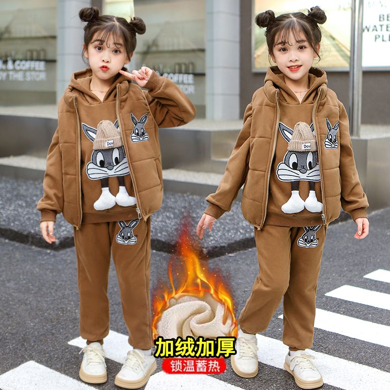 New winter  three-piece Bugs Bunny suit for girls, autumn and winter style, middle-aged, velvet and thickened children's clothing