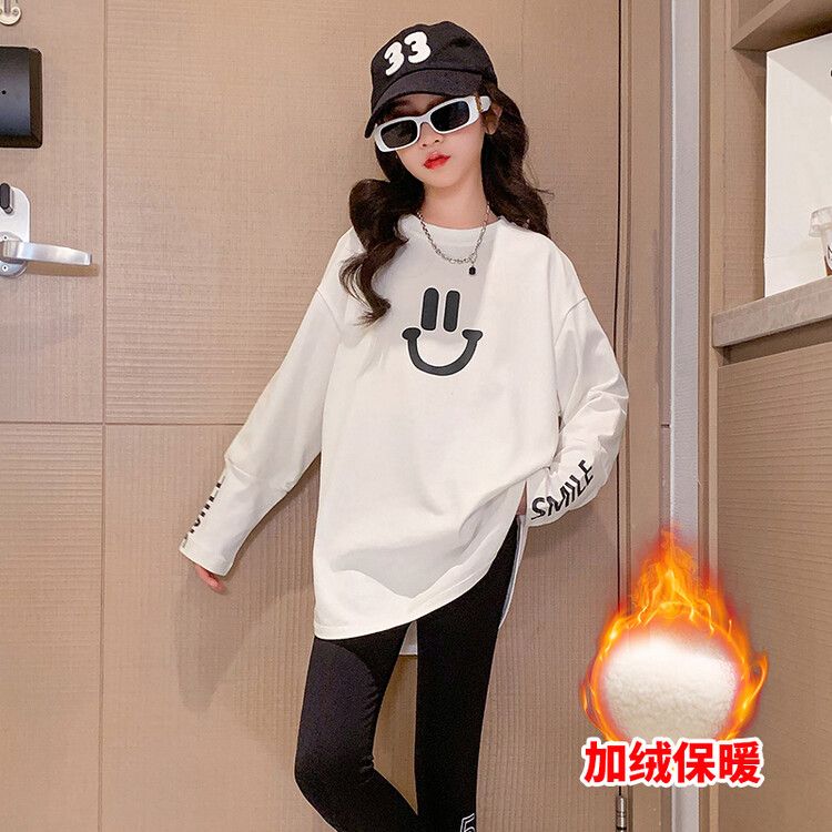 Girls' velvet bottoming shirt, stylish mid-length  new medium and large children's long-sleeved white T-shirt, simple inner wear and outer wear