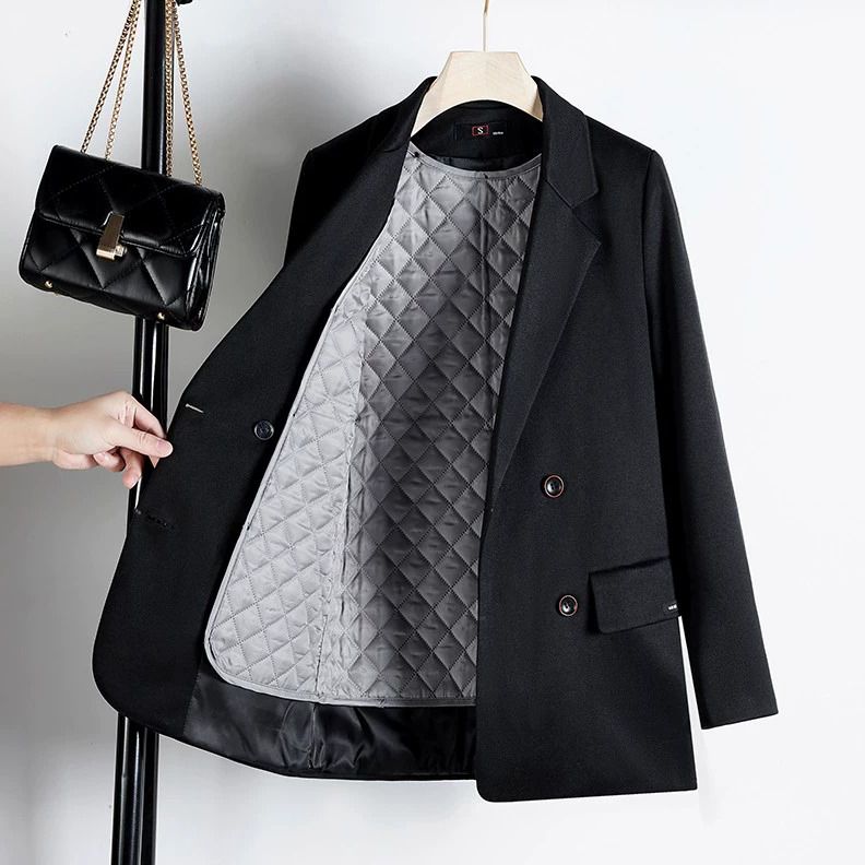 Korean style woolen suit jacket for women small  new spring, autumn and winter thickened quilted black woolen coat