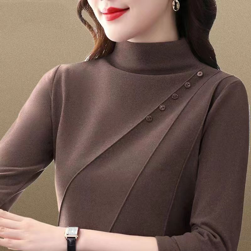 德絨半高領打底衫女冬加絨加厚中年媽媽洋氣雙面磨毛長袖t恤上衣