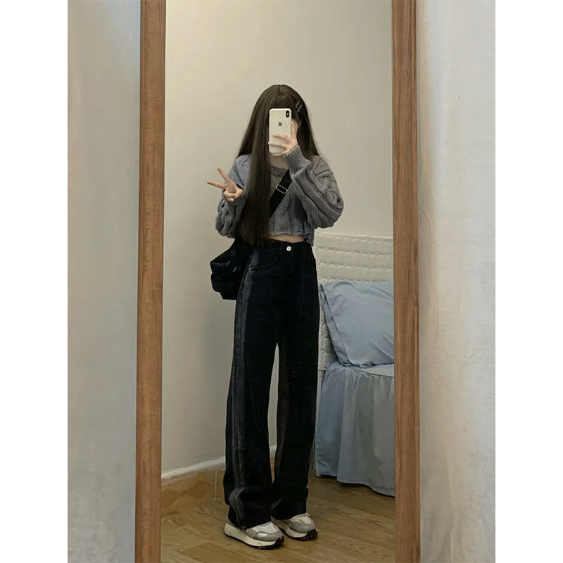 寬鬆黑色百搭闊腿牛仔褲女2023年新款高腰直筒復古垂感拖地褲長款