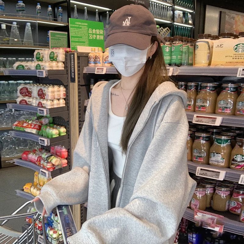 春秋冬款加絨加厚韓版寬鬆開衫上衣灰色連帽ins風外套百搭慵懶風