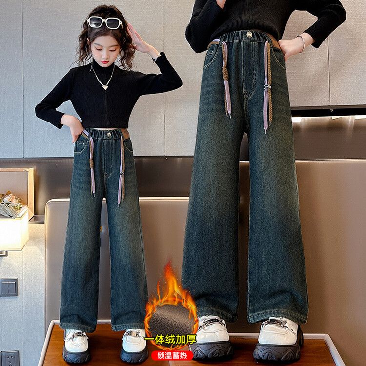 女童加絨牛仔褲冬季2023女大童高腰闊腿褲兒童秋冬裝一體絨褲子潮