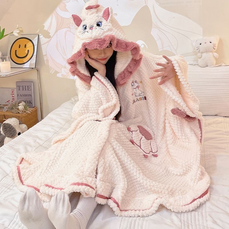 新款【蓄热型】迪士尼玛丽猫睡袍女秋冬珊瑚绒浴袍外穿家居服睡衣
