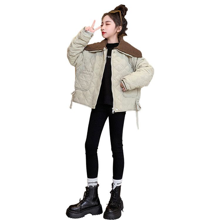 Girls' autumn and winter style jackets, trendy girls' big children's velvet thickened medium and large children's cotton-padded baseball uniform jackets