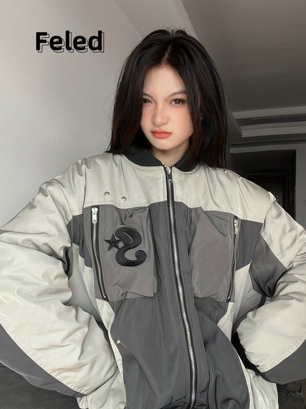 飛拉丹頓美式復古多口袋設計保暖飛行夾克棉服外套男女顯瘦棉衣