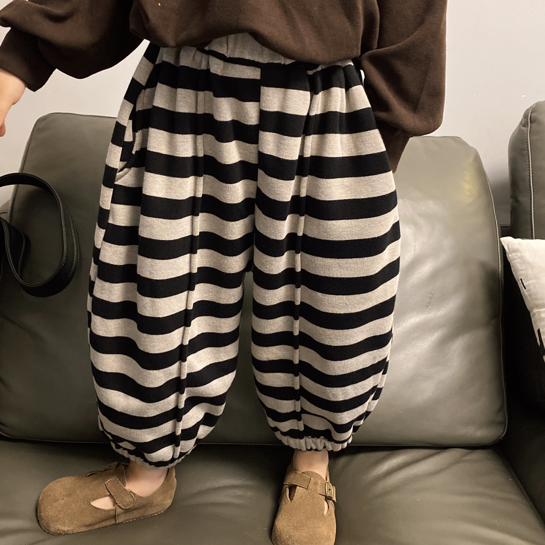 男女童韓版秋冬2023新款加絨條紋褲中小童寬鬆褲子兒童休閒長褲潮