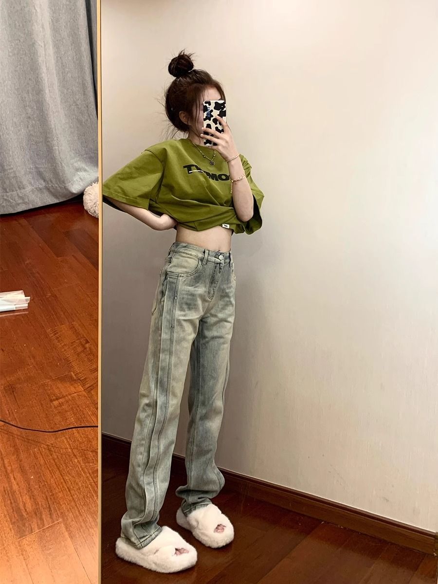 美式水洗黃泥染設計感牛仔褲女春秋新款寬鬆高腰直筒闊腿拖地長褲